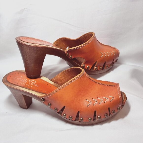 Carlo Pera Shoes - Carlo Pera-Made/Italy-Women's Slip on Clogs-Orange Leather-Sz 7-Studs-Wood-Open